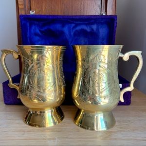 Brass Mug Set Etched Roses Saudi Arabia Souvenir